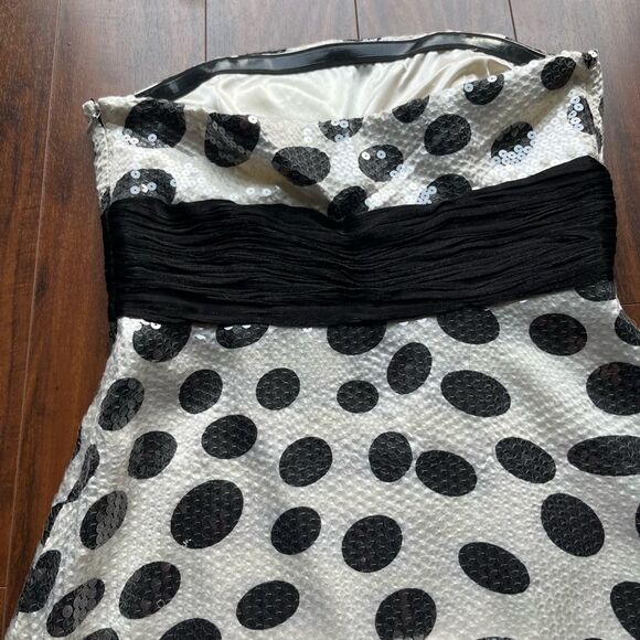 La Femme sequined, printed cocktail dress w/ black waistband + strapless bodice - Picture 8 of 13